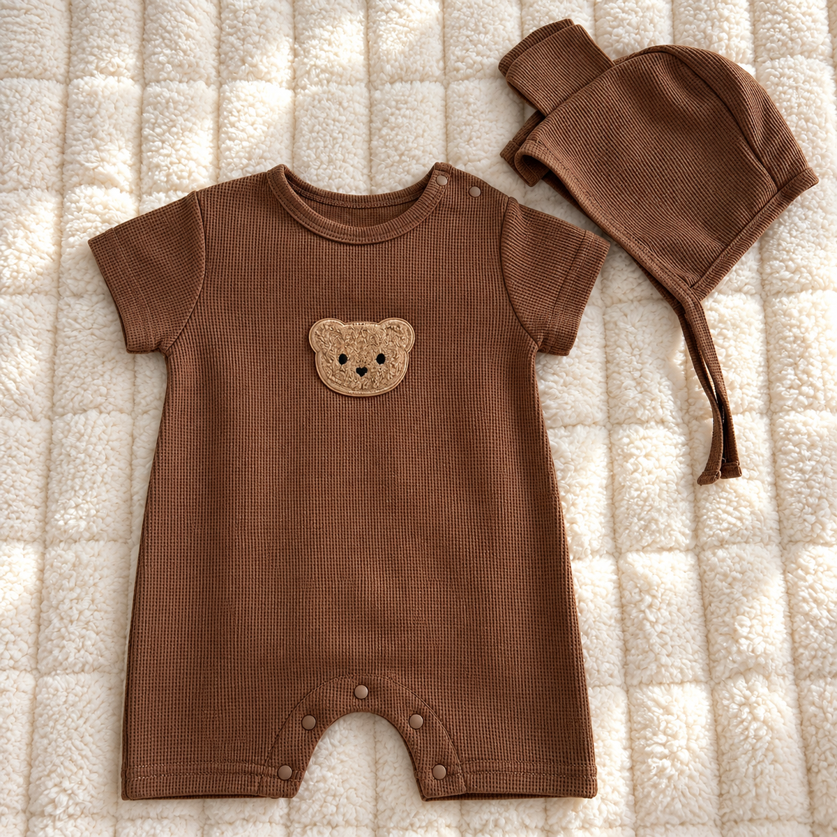 Ensemble « Douceur d’ourson » Barboteuse courte & bonnet (3-6 mois) Marron