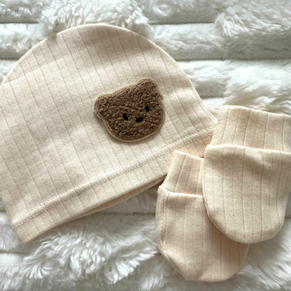 Ensemble « Petit Ourson » bonnet et moufles  (0–3 mois) Beige